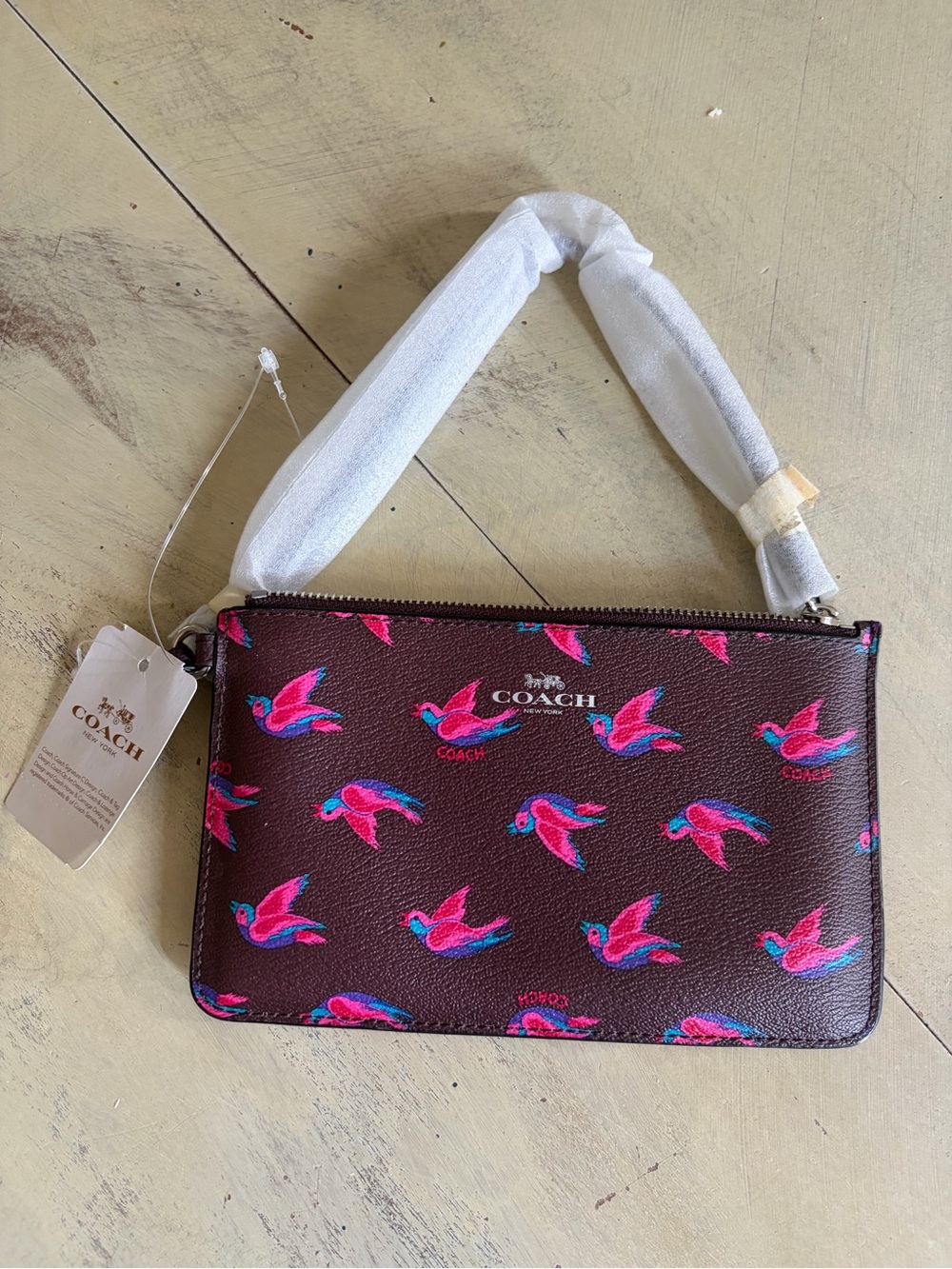 Coach Happy Birds Zip Around Wallet Slim Pink/Brown Card Holder Pockets, New